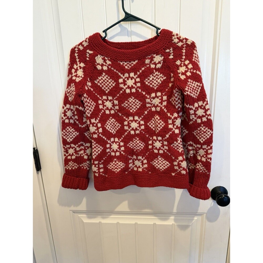 American Eagle XS Hand Knit 100% Lambswool Fair Isle Sweater Red Cream Y2K
